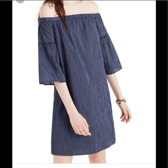 Madewell Off Shoulder Mini Blue Pinstripe Bell Sleeve 100% Cotton Dress Sz 4 - Picture 3 of 7